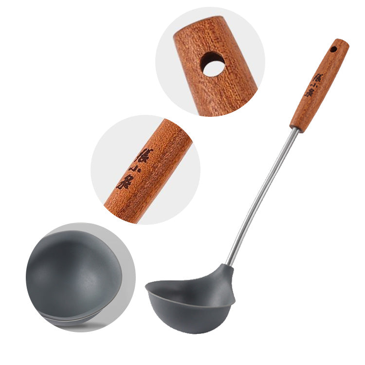 Detailed view of silicone ladle bowl, wooden handle, and hanging hole.