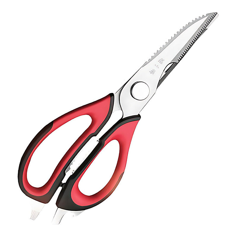 225mm multi-functional kitchen scissors with red and black ergonomic handles.