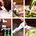 Kitchen scissors performing various tasks like cutting chicken, opening bottles, and peeling vegetables.