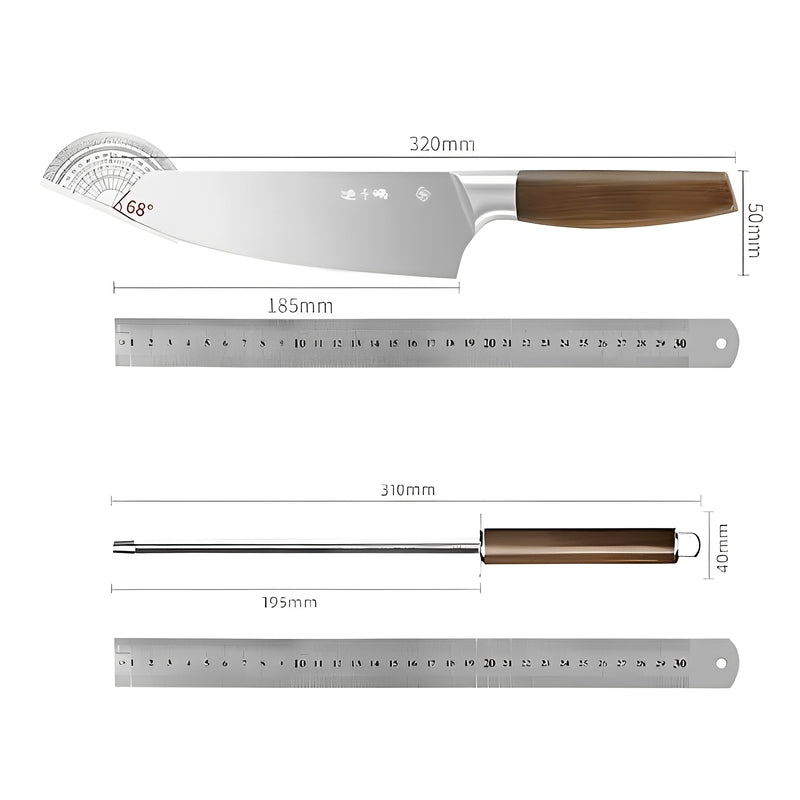 Dimensions of a 320mm chef's knife and sharpening rod with ergonomic design.