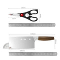 Dimensions of kitchen scissors and a 310mm cleaver knife with ergonomic handle.