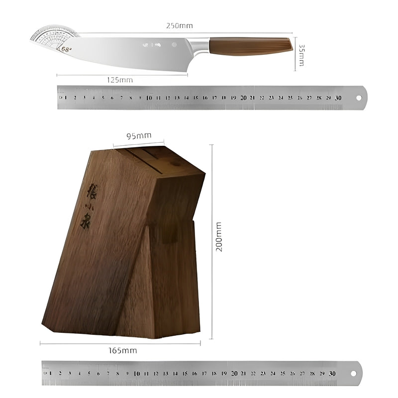 Dimensions of a wooden knife block and a 250mm chef's knife with 68° blade angle.