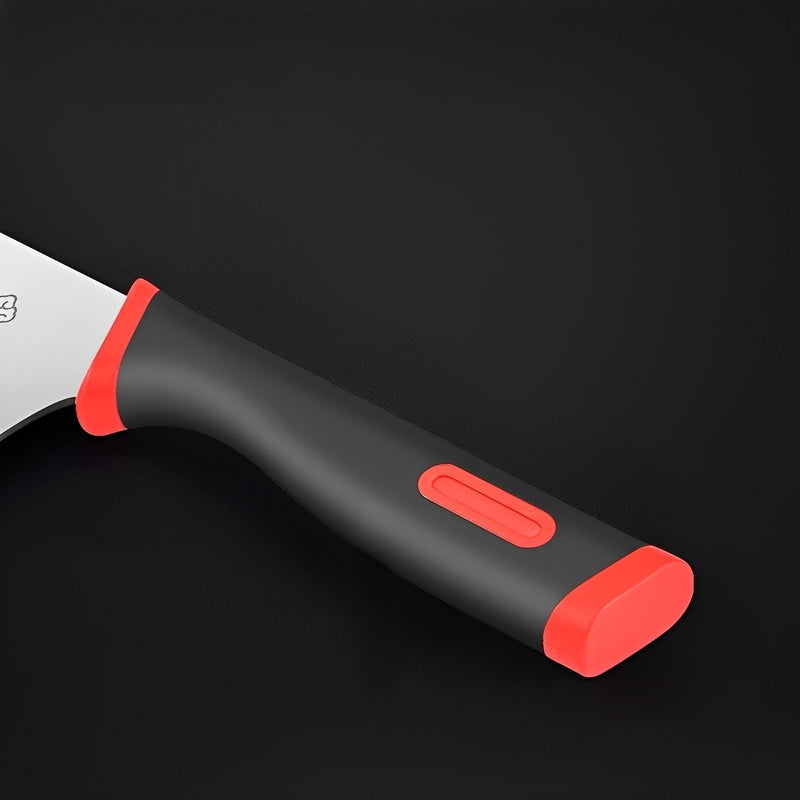 Ergonomic red and black knife handle with non-slip grip design.