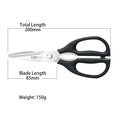 200mm kitchen shears with detailed dimensions, featuring an 85mm blade and lightweight 150g design.