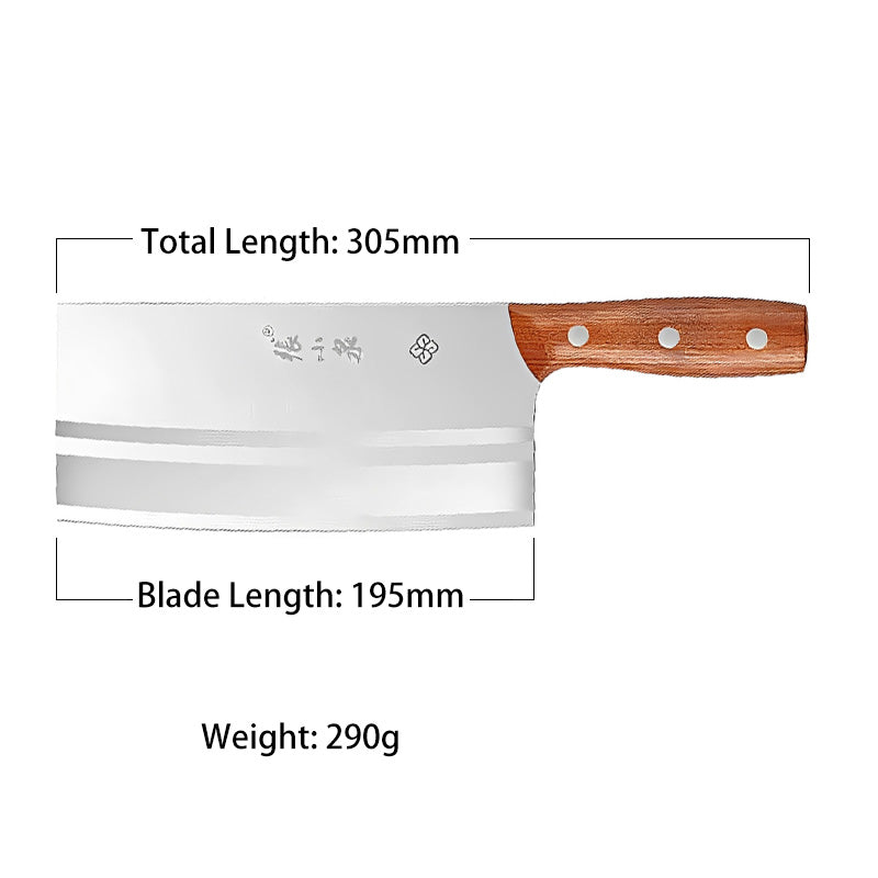 Dimensions of the Chinese cleaver: 305mm total length, 195mm blade length.