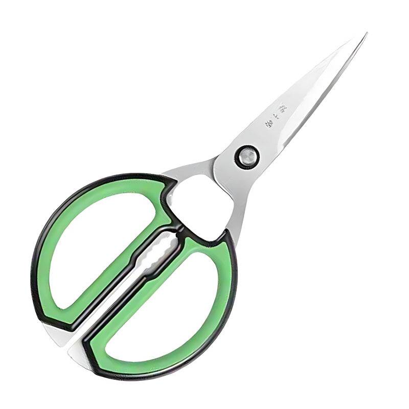 30Cr13 stainless steel kitchen scissors with green and black TPR handles.