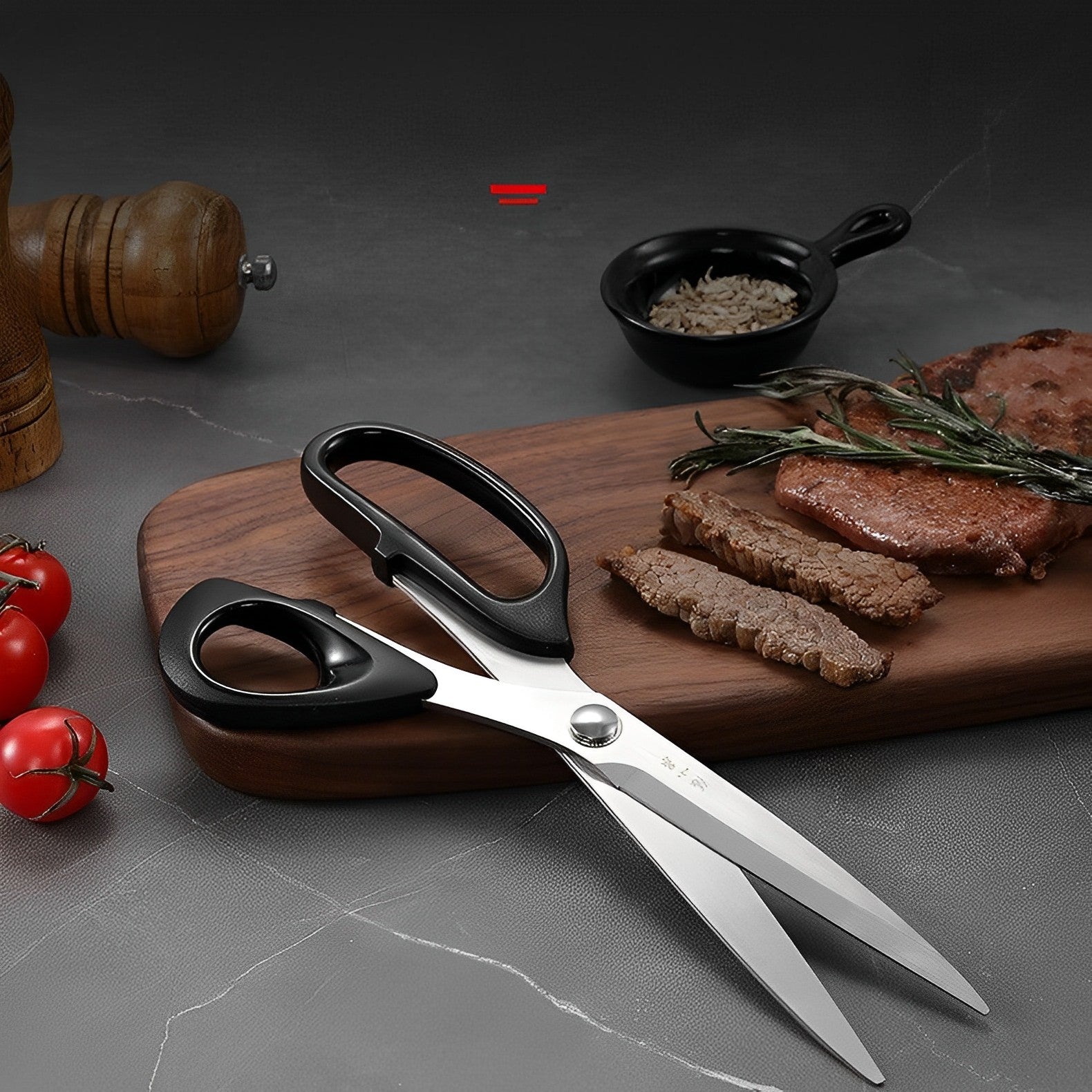 BBQ shears on a wooden board with sliced meat and garnishes.