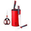 5-piece kitchen knife set with red ergonomic handles and storage base.