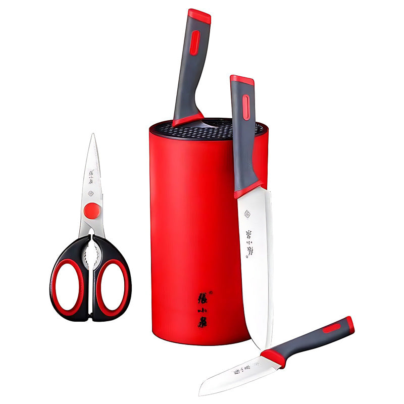 5-piece kitchen knife set with red ergonomic handles and storage base.