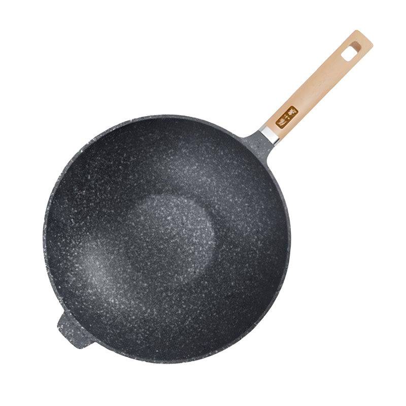 34cm volcanic rock non-stick wok with wooden handle, top view.