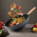 Volcanic rock wok showcasing vibrant stir-fry ingredients in mid-air.