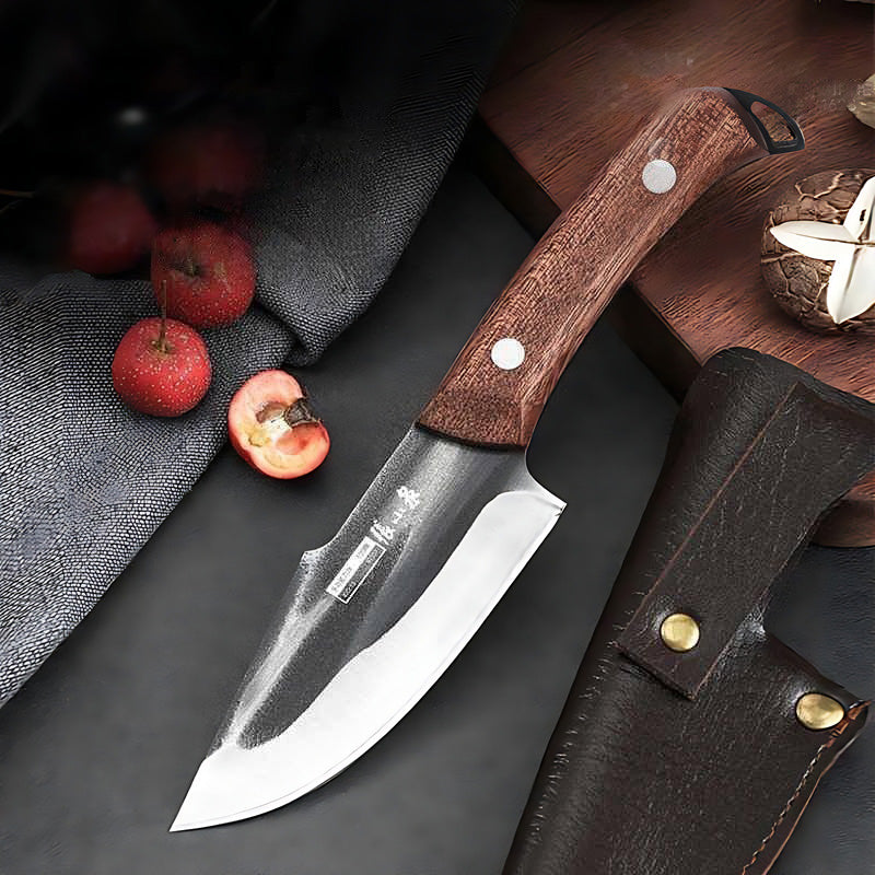 Versatile 40Cr13 steel utility knife displayed with fruits and leather sheath.