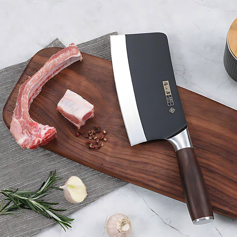 Chinese cleaver on a wooden board with raw meat and spices, ideal for tough cuts.