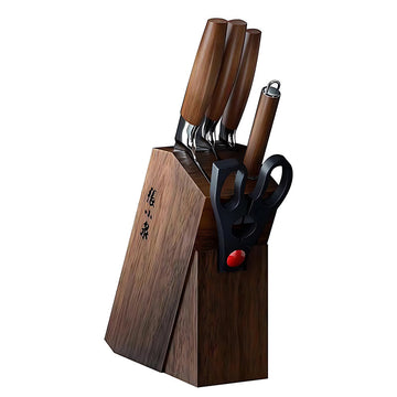 6-piece 40Cr13 steel knife set with ergonomic handles in a wooden block.