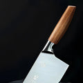 Side view of a 40Cr13 steel chef's knife with a polished wooden handle.