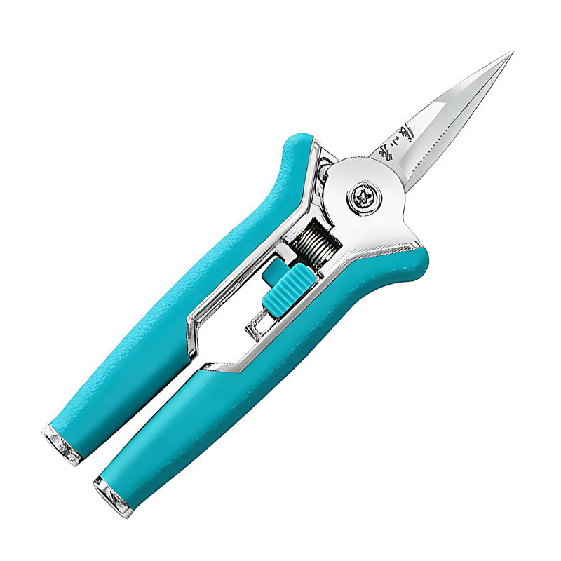 150mm pruning scissors with turquoise handle and sharp stainless steel blades.