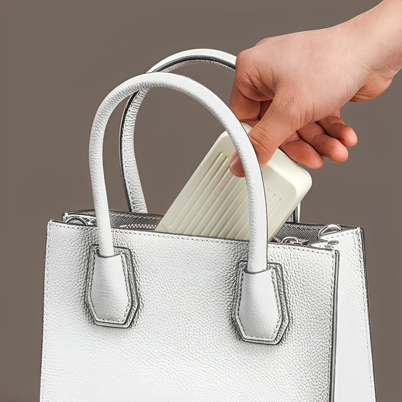 Compact grooming kit case being placed into a handbag for portability.