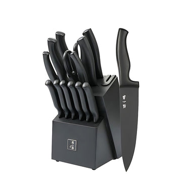 15-piece black knife set with ergonomic handles in a sleek block.