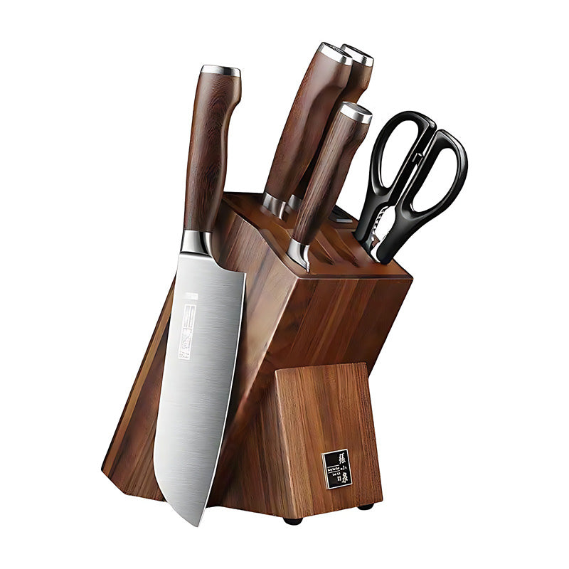 50Cr15MoV steel kitchen knife set with ergonomic wood handles in a walnut-oak block.