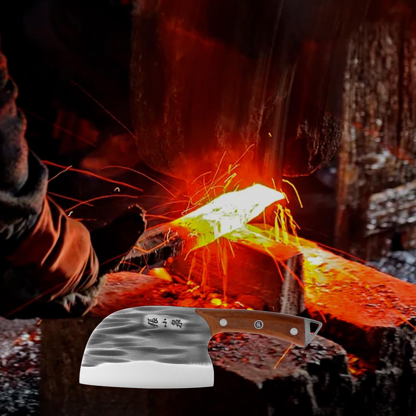 Forging process of a 50Cr15MoV knife under 1600°C heat, with sparks flying, highlighting the craftsmanship of the blade.