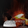 170mm 50Cr15MoV 1600°C hand-forged chopping knife with a wooden handle, displayed against a fiery forging background.