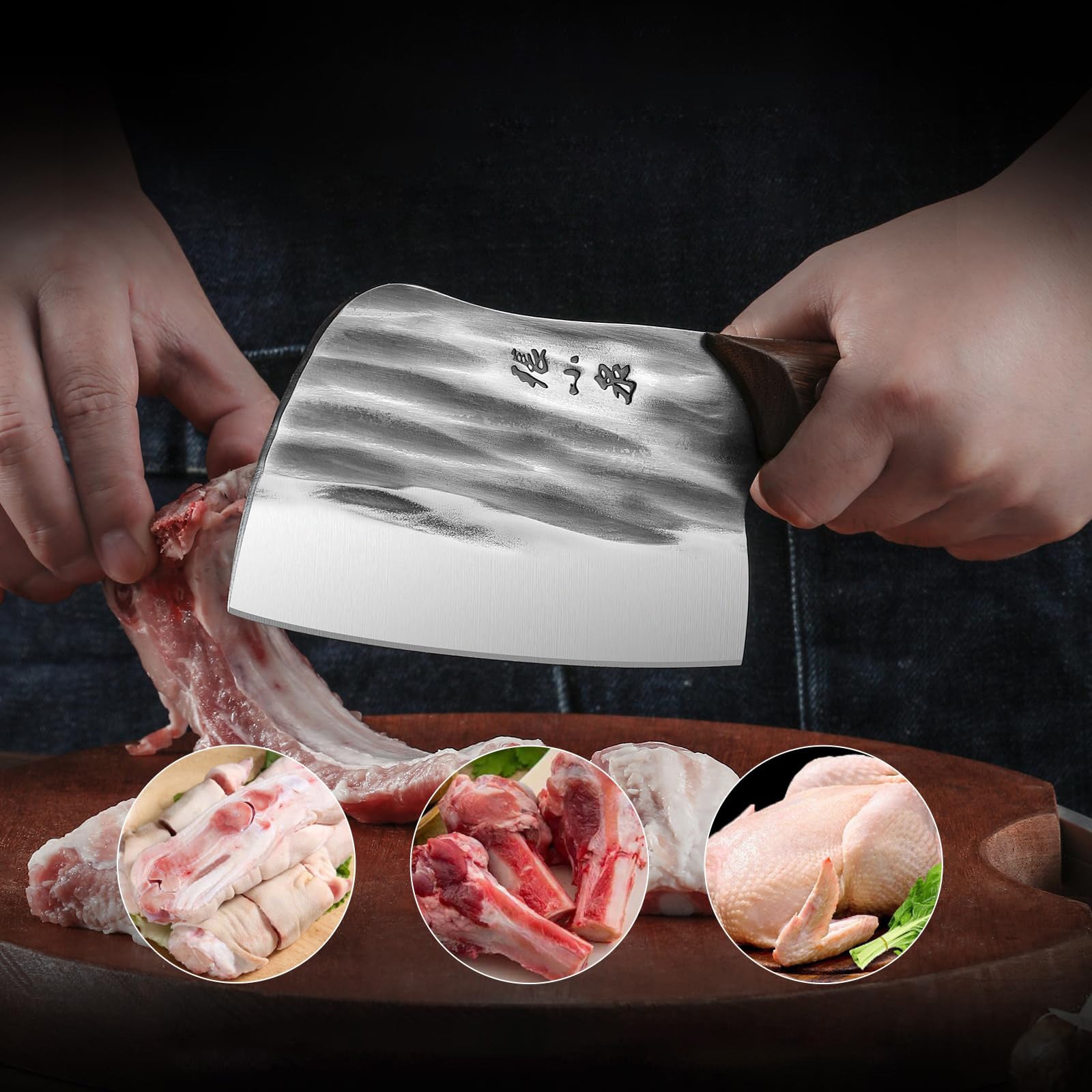 50Cr15MoV bone chopper slicing through various types of meat, showcasing versatility.