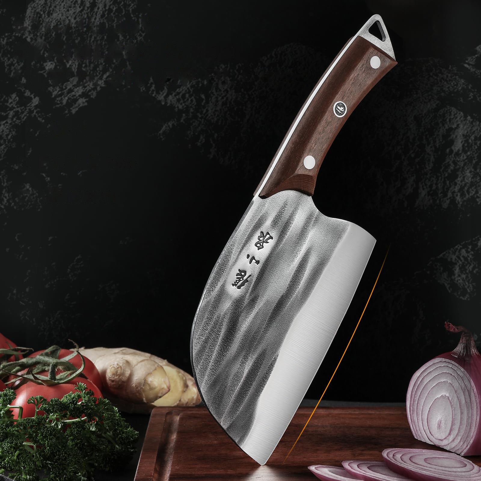 Premium 50Cr15MoV cleaver with wooden handle displayed with fresh vegetables.