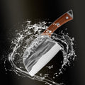 Water-splashed 50Cr15MoV cleaver showcasing sharp blade and wooden handle.