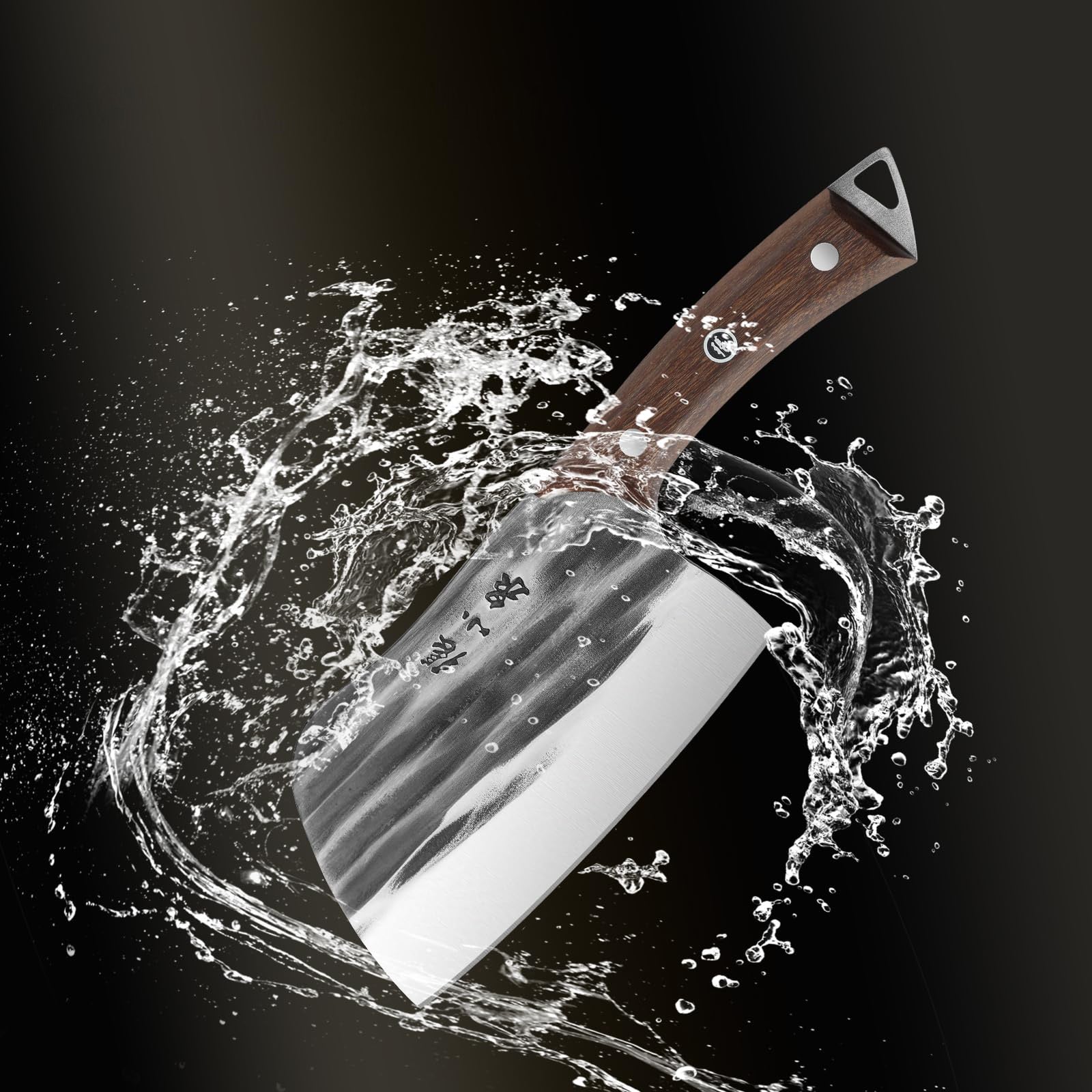 Hammer-forged bone chopper with water splash effect, highlighting durability.