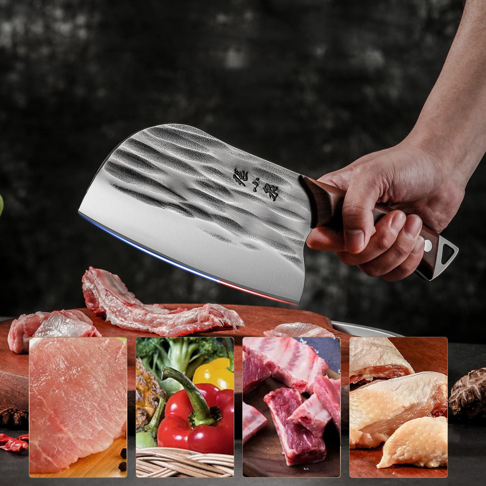 50Cr15MoV hand-forged knife cutting various ingredients like meat and vegetables, highlighting its versatility in the kitchen.