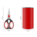 Dimensions of kitchen scissors and red knife storage base in millimeters.