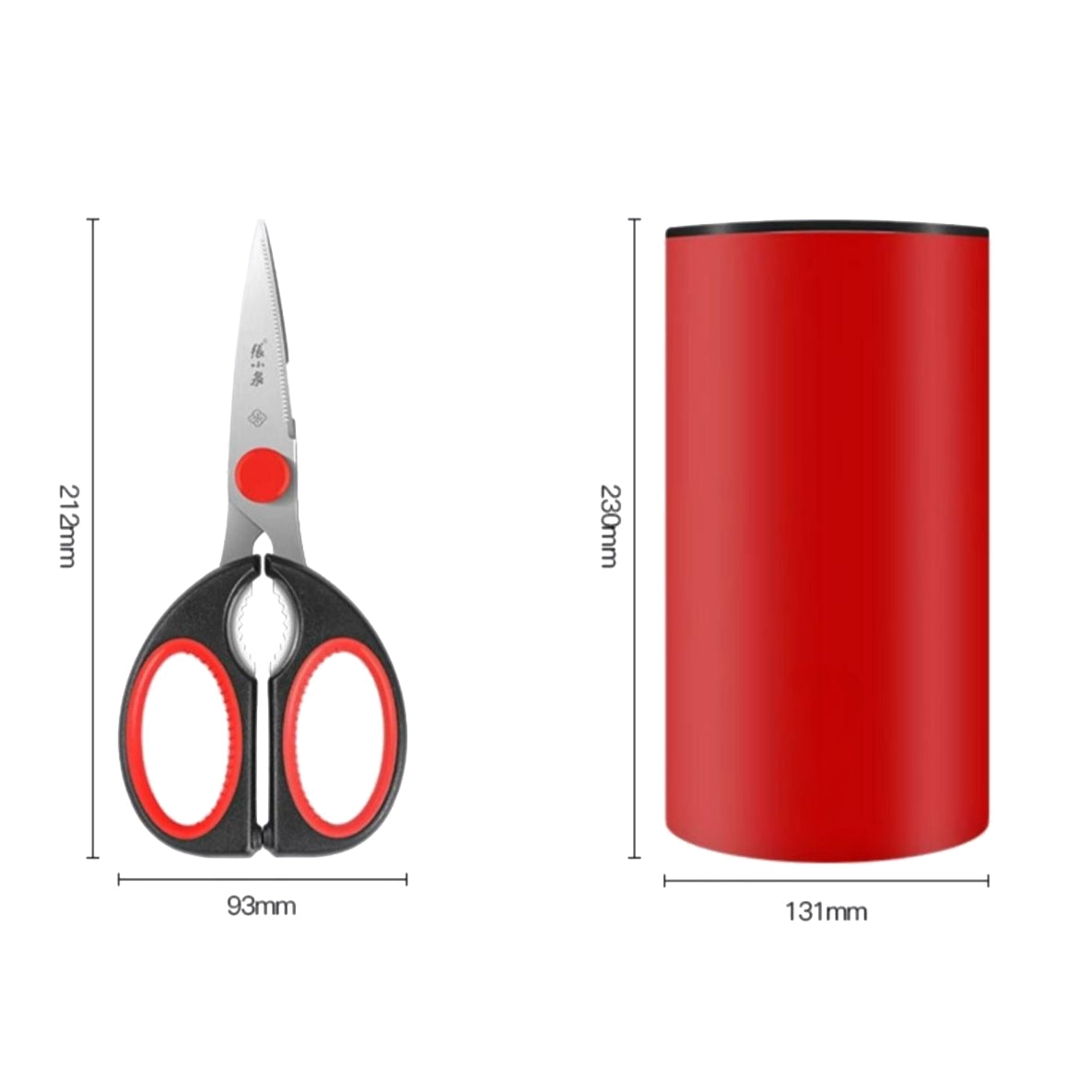 Dimensions of kitchen scissors and red knife storage base in millimeters.