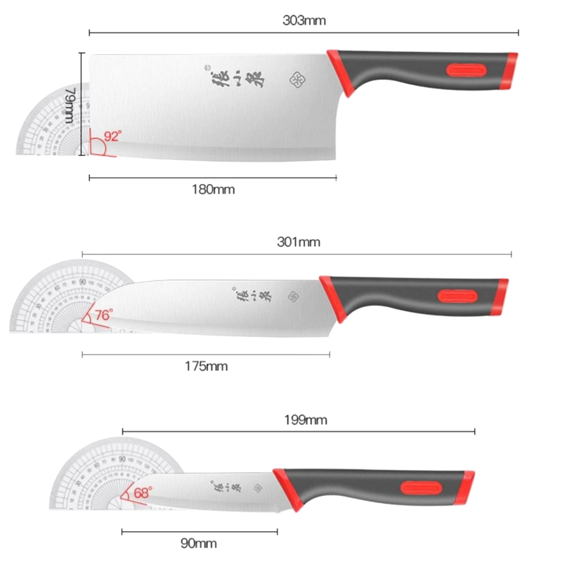 Detailed dimensions of cleaver, chef knife, and fruit knife in millimeters.