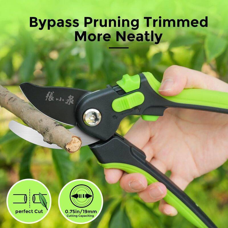 Bypass pruning shears cutting a tree branch with 0.75-inch cutting capacity, ensuring clean and precise trimming for gardening needs.