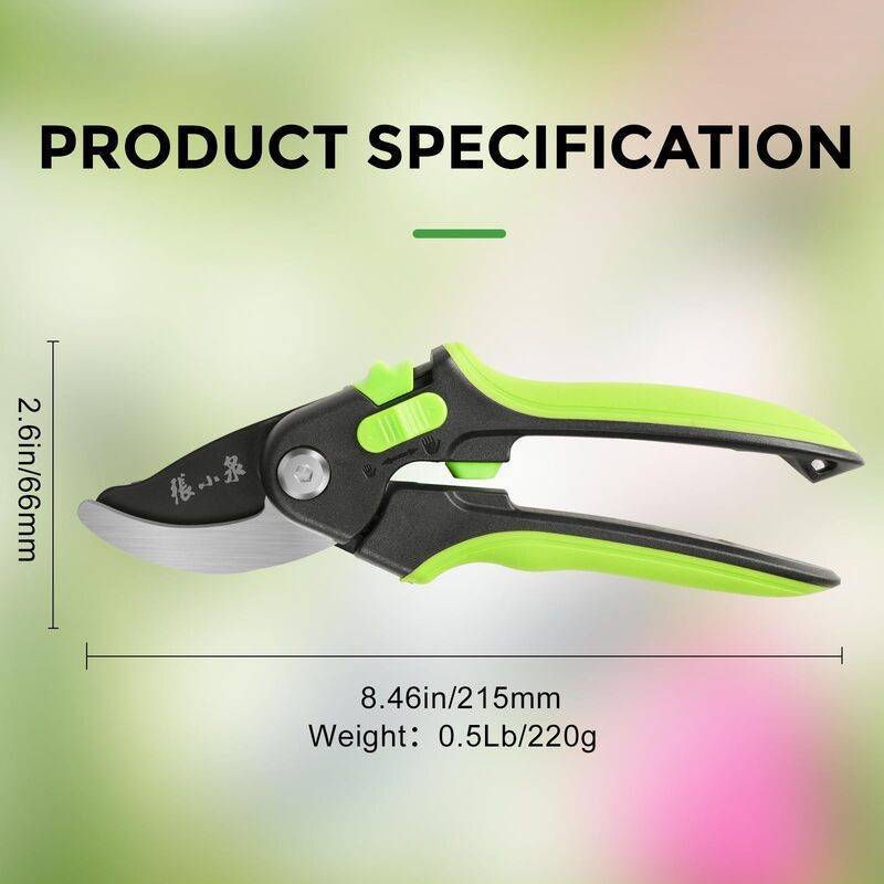 Product specifications of 215mm SK5 garden shears, featuring 8.46-inch length, 0.5lb weight, and ergonomic design for comfortable pruning.