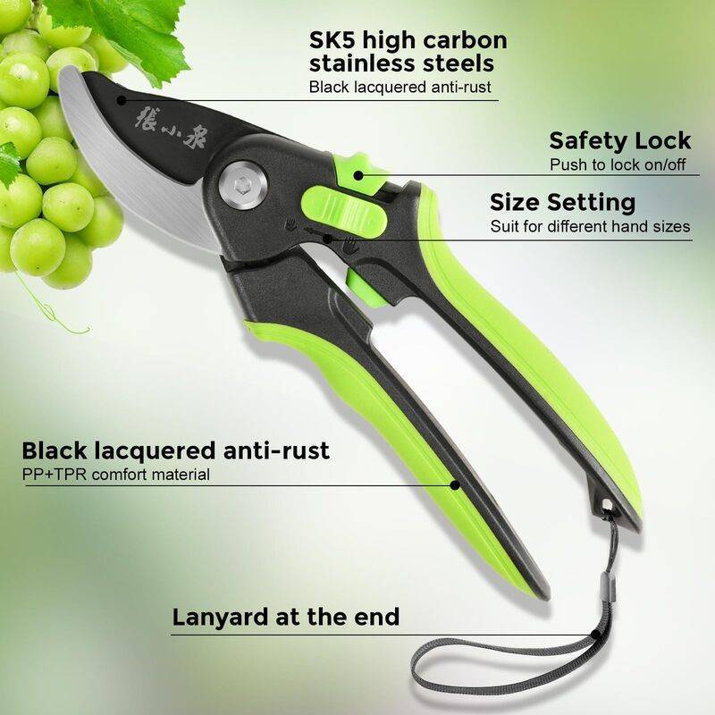 High carbon stainless steel garden shears with safety lock, size adjustment, anti-rust coating, and lanyard for secure and efficient pruning.