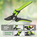 Close-up of garden shears showcasing safety lock and adjustable hand size setting for enhanced usability and secure pruning experience.