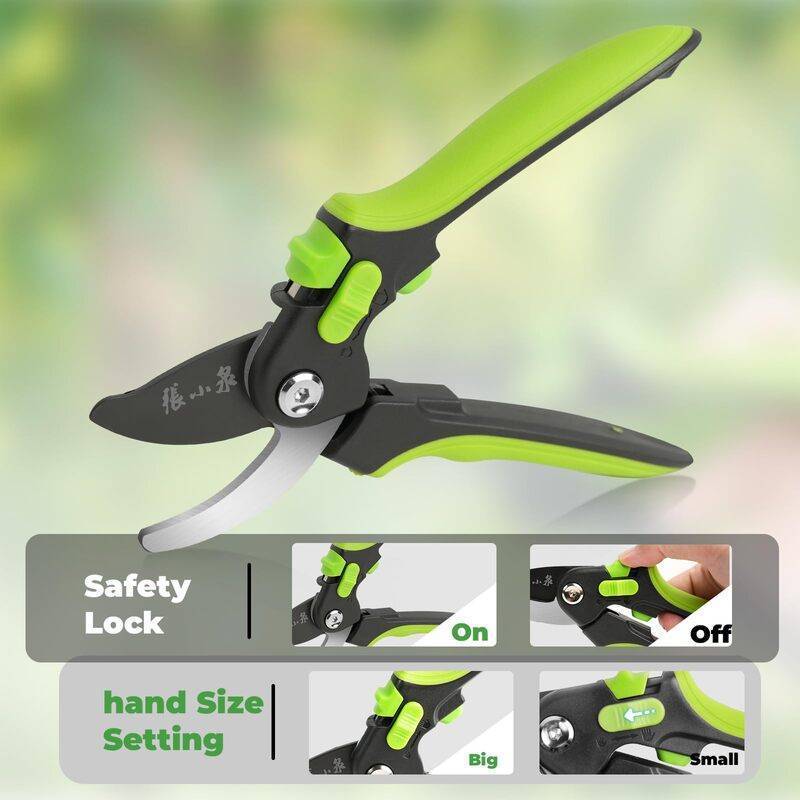 Close-up of garden shears showcasing safety lock and adjustable hand size setting for enhanced usability and secure pruning experience.