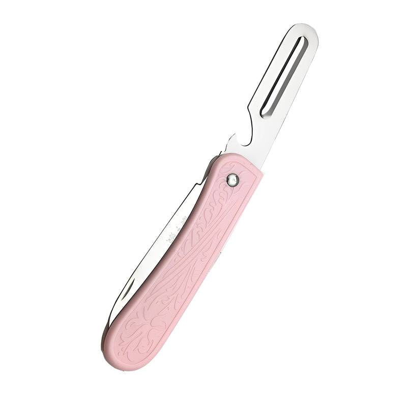 Foldable paring knife with 175mm stainless steel peeling blade and pink handle, ideal for kitchen and travel use.