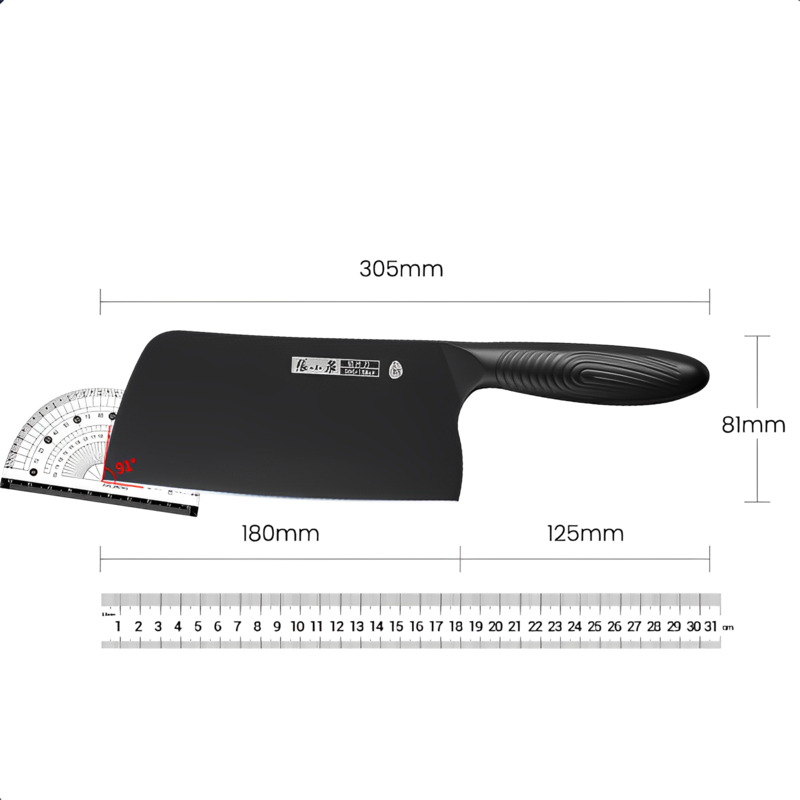 Dimensions of Chinese cleaver with blade and handle measurements.