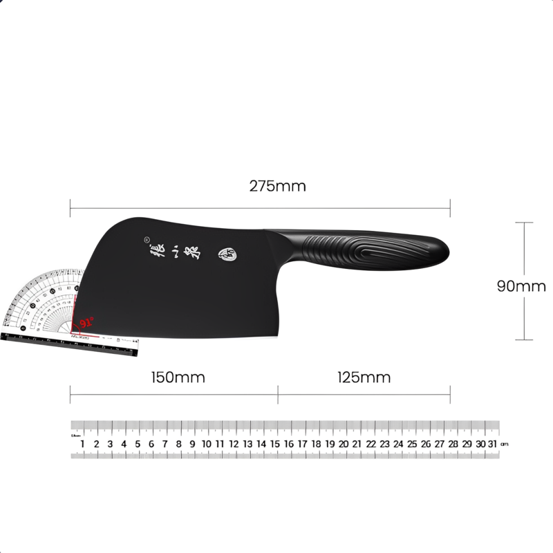 275mm 40Cr13 bone chopper with precise measurements displayed, highlighting its compact design and ergonomic handle.