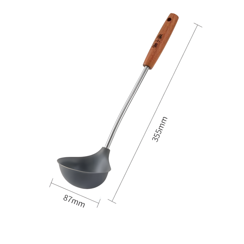 Dimensions of silicone soup ladle: 355mm length, 87mm bowl width.