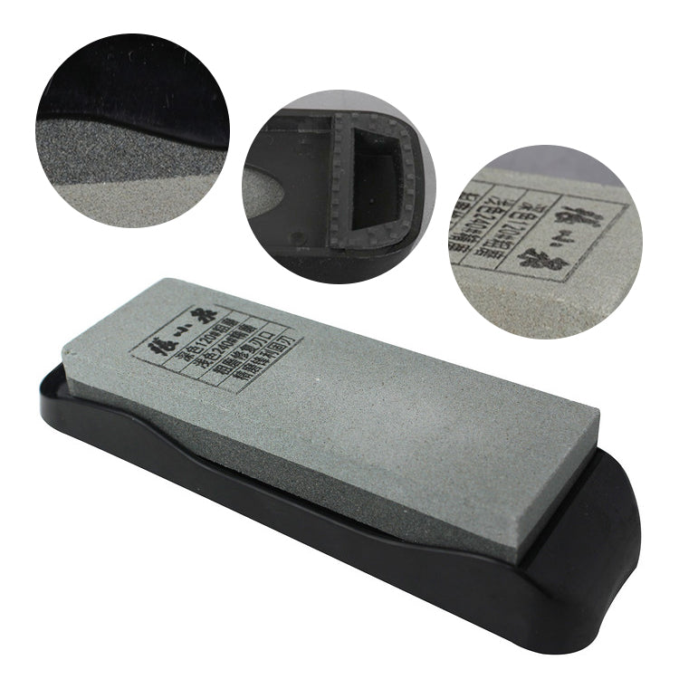 Brown corundum sharpening stone with black base and detailed close-up views.