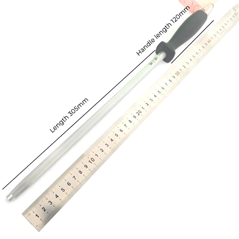 Sharpening rod dimensions from the 50Cr15MoV knife set, with a total length of 305mm and handle length of 120mm, shown alongside a ruler.