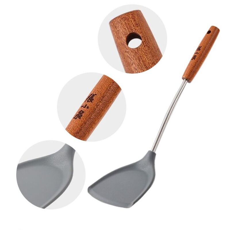 Silicone spatula with wooden handle and detailed close-up views.