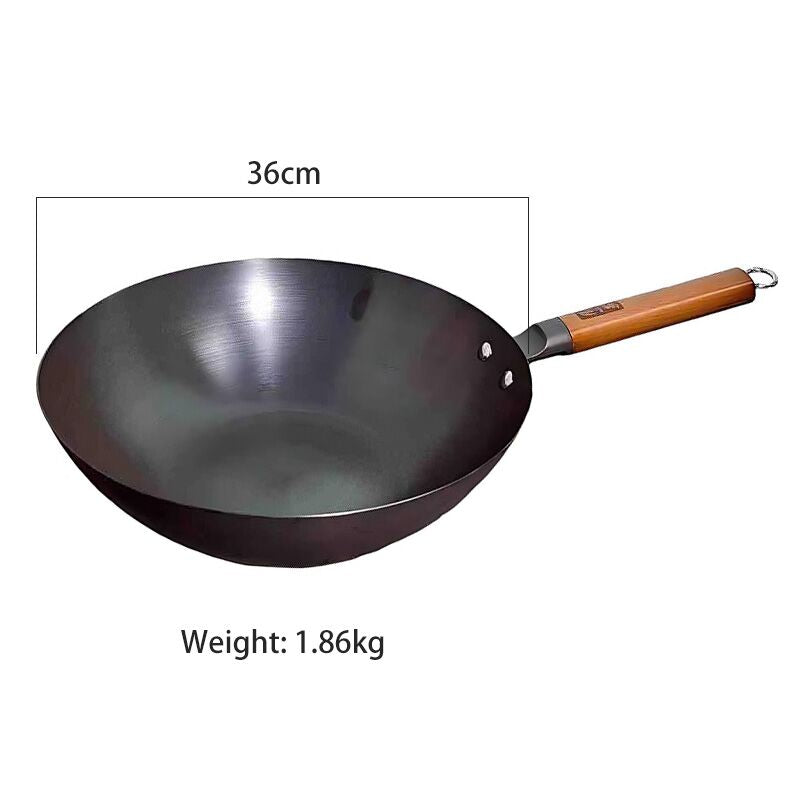 36cm nitrided iron pan with dimensions and weight displayed.