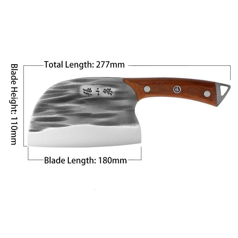 Dimensions of the 180mm 50Cr15MoV hand-forged knife with a wooden handle and textured steel blade, designed for precision slicing.