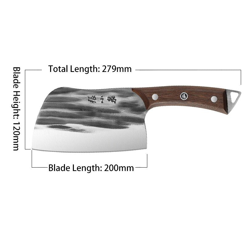 Dimensions of the 200mm 50Cr15MoV hand-forged knife with a wooden handle and textured steel blade, perfect for heavy-duty chopping.