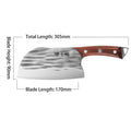 Dimensions of the 50Cr15MoV chopper knife with blade and handle measurements.