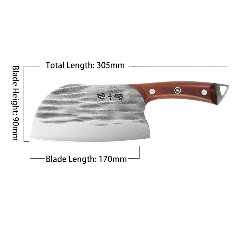 Dimensions of the 170mm 50Cr15MoV hand-forged knife with a wooden handle and textured steel blade, ideal for versatile kitchen tasks.